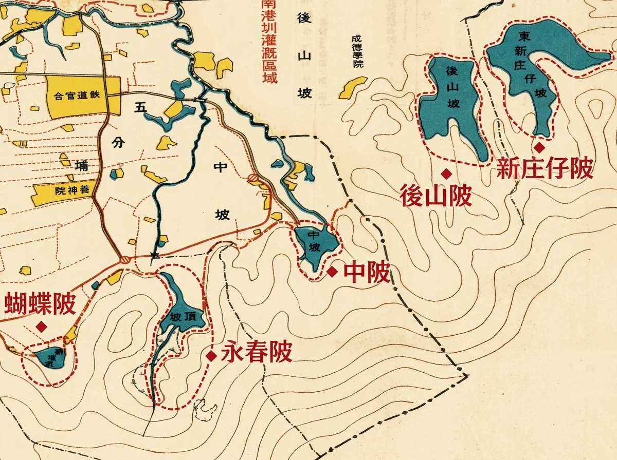 台北盆地東邊陂塘分布古地圖