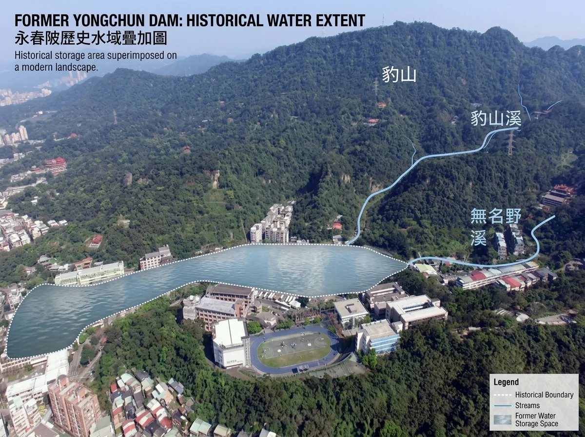 永春陂歷史水域疊加現代空拍圖